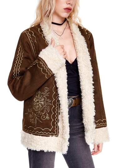 Hippie Women's Vintage Floral Embroidery Patchwork Faux Suede Jacket