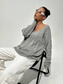 StreetHx 女士不对称肩部灰色绞花针织毛衣，二合一设计，秋冬针织套头衫 - 灰色 - 查看 3