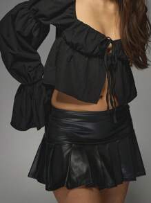 MISSGUIDED Chân váy mini da giả viền xếp ly - màu đen - Xem 3