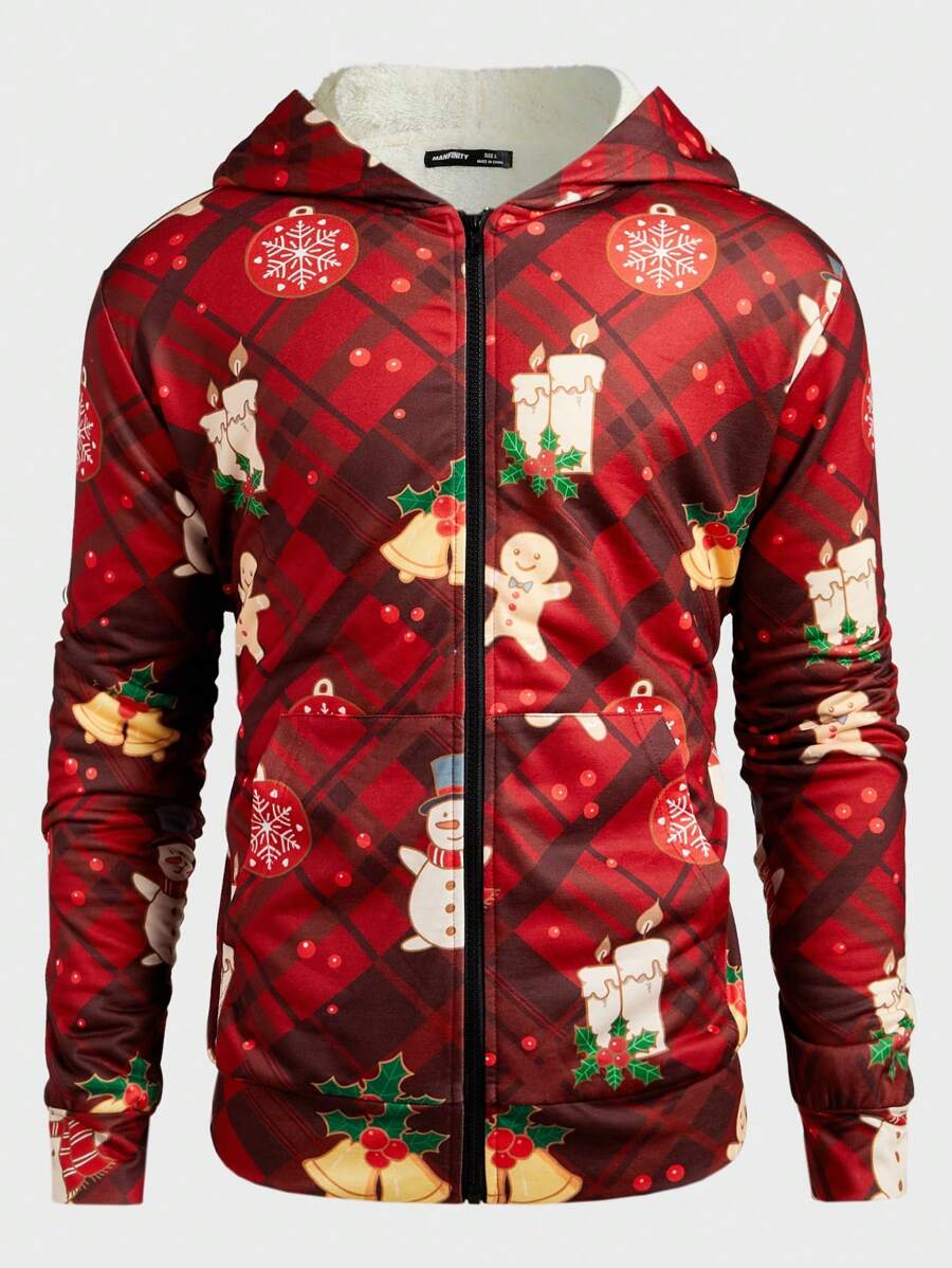 Manfinity VCAY 男士针织圣诞铃铛印花修身插肩袖连帽运动衫，适合秋冬季，保暖内衬保暖夹克，圣诞夹克