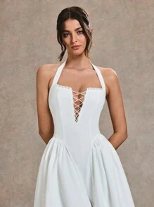 SHEIN BAE Váy xòe dài cổ chữ V ren vá chéo màu trắng thanh lịch, thích hợp cho tiệc cocktail, hẹn hò lãng mạn, mặc nhiều lớp vào mùa thu/đông, tiệc tùng, phù dâu cưới, đi chơi, Halloween, Giáng sinh - trắng - Xem 4