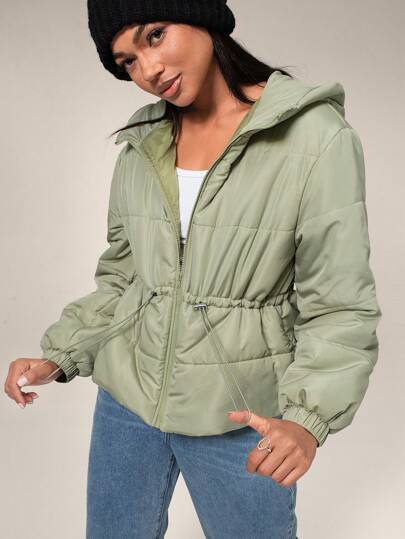 Forever 21 1 件女式纯色抽绳腰长袖连帽休闲棉服外套，冬季