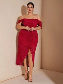SHEIN BAE Plus Size Red Summer Elegant Satin Party Mesh All-Over Floral Print Flocked Tube Top Draped Suspender Wrap Overlapping Pleated Slit Bodycon Dress - Red - View 3