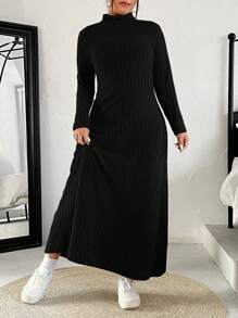 SHEIN CURVE+ Plus Size High Neck Long Sleeve Mermaid Dress - Black - View 5