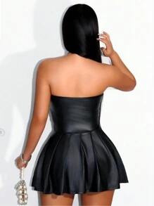 Zolique 纯色系带 PU 皮革褶皱性感无袖抹胸连衣裙迷你短款女装