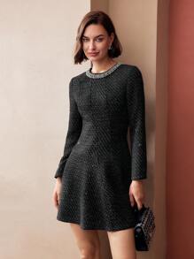 MOTF PREMIUM TWEED FAUX PEARL AND BEADED TRIM FLARE HEM SHORT DRESS - Black - View 5