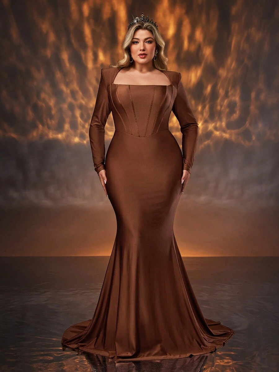 Glamrae 加大码优雅简约深棕色方领垫肩长袖紧身高腰修身鱼尾长礼服、婚礼宾客礼服、派对礼服、晚礼服、长袍 - 棕色 - 查看 1
