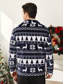 Manfinity VCAY Chaqueta suelta de punto con estampado para hombre, adecuada para otoño/invierno, chaqueta abrigada de fiesta de color azul oscuro con gráficos de manga larga casual de bloques de color, regalo para amigos, esposo, novio