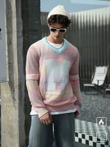 Manfinity Hypemode Men's V-Neck Letter Print Long Sleeve Casual Knit Sweater, Autumn/Winter