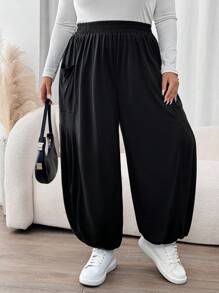 SHEIN CURVE+ Plus Size Black Loose Knit Long Women Jogger Pants - Black - View 9