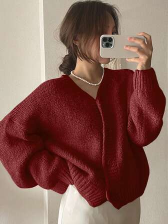DAZY Women's Solid V-Neck Loose Knit Cardigan, Christmas,Fall Clothes