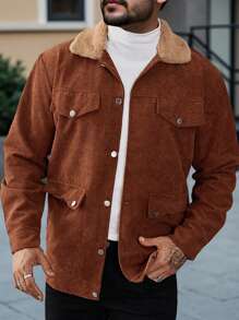 Manfinity Homme 男士翻领长袖夹克，秋季男装，冬季男士夹克，保暖夹克，毛领，棕色灯芯绒材质夹克 - 棕色 - 查看 1