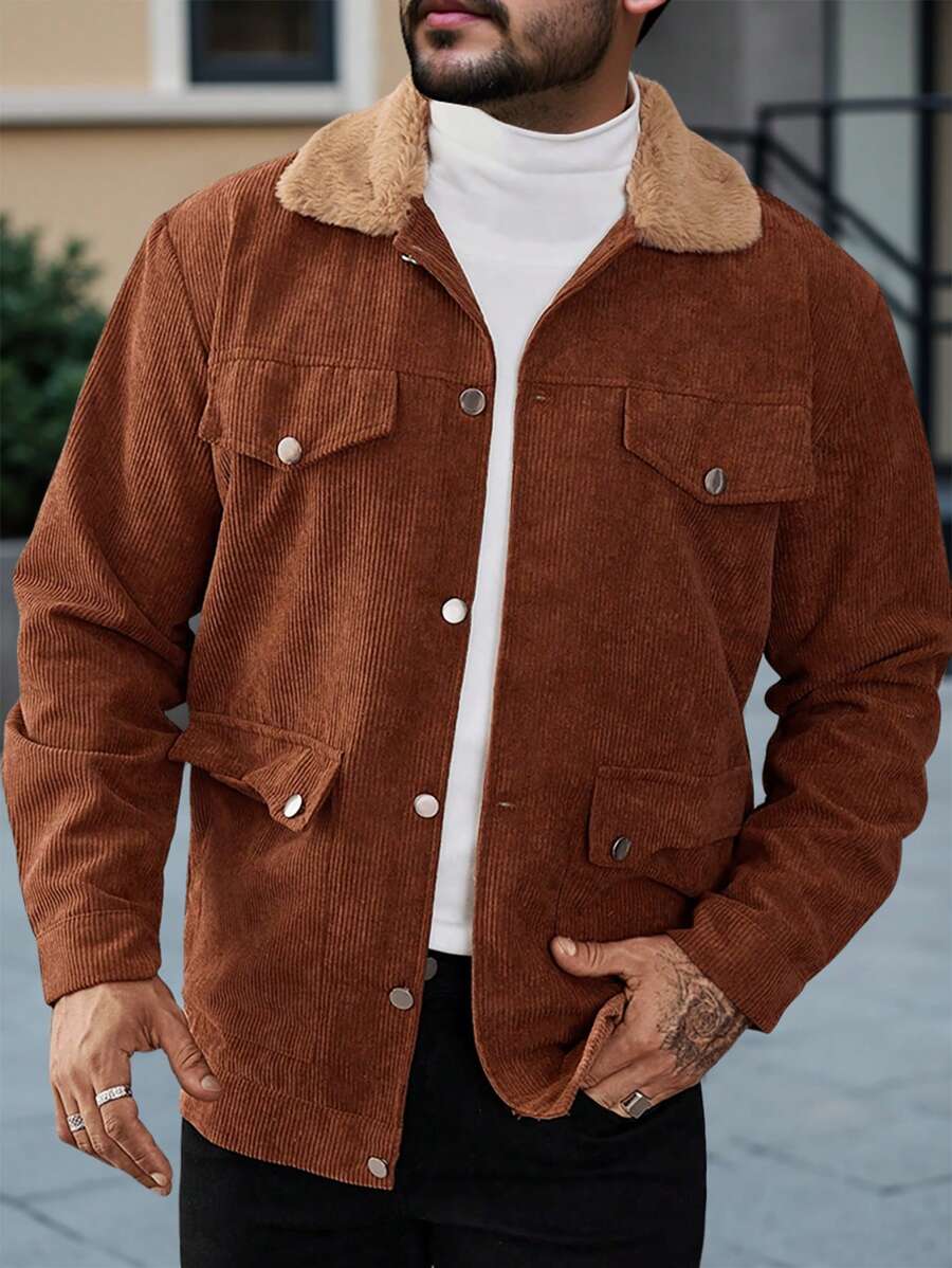 Manfinity Homme 男士翻领长袖夹克，秋季男装，冬季男士夹克，保暖夹克，毛领，棕色灯芯绒材质夹克 - 棕色 - 查看 1
