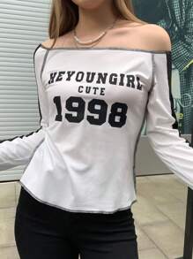 INAWLY Women Casual Contrast Color Patchwork Letter Print Asymmetrical Collar T-Shirt, Autumn - Black and White - View 5