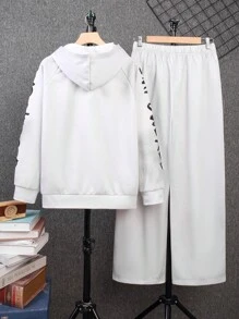 SHEIN TeenBoys 2 件休闲运动街头舒适百搭保暖超高性价比哥特式字母印花针织连帽运动衫运动裤套装返校服装；秋季服装；青少年男孩服装；秋季夹克；秋季服装秋冬 - 灰色 - 查看 2