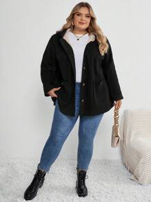 SHEIN CURVE+ Curve Plus 双口袋 正面纽扣 连帽 泰迪熊 内衬 大衣 - 黑與白 - 查看 6
