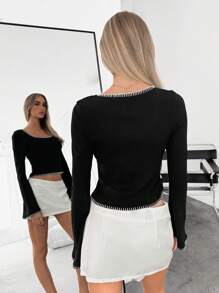 SHEIN Essnce Women Striped Crew Neck Long Sleeve Form-Fitting T-Shirt, Autumn,Winter Women Tops,Casual Women Tops, - Black - View 3