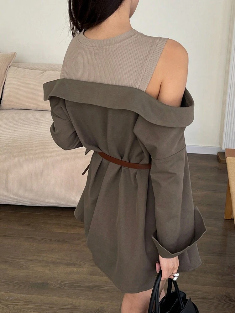 Contrast Color Block Off Shoulder Long Sleeve Loose Detachable Belt Ladies Shirt,Fall Clothes,Back To School Clothes