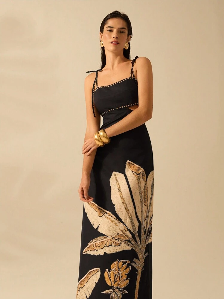 CAJUNI Vestido Boho Feminino Estampa de Árvore de Banana, Vestido Preto Casual de Verão com Amarração Oca na Cintura Sem Mangas, Vestido Casual de Férias - Preto - Visão 3
