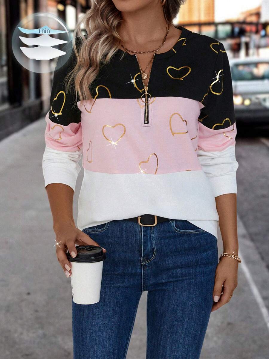 EMERY ROSE 心形圖案對比色半拉鍊運動衫 - 彩色 - 查看 1