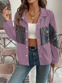 SHEIN LUNE Women Geometric Print Front Button Leisure Multi-Purpose Long Sleeve Jacket Fall Cloth For Women - Pink - View 4