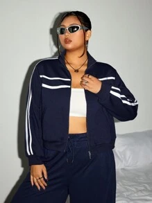 SHEIN ICON 大码女式海军蓝撞色白色运动衫 - 藍色 - 查看 5