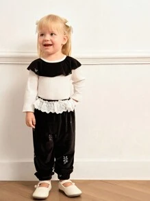 SHEIN 2pcs/Set Girls Embroidered Floral Collar Long Sleeve Top + Waistband Ruffle Cuffs Pants Set, Spring/Autumn - Black - View 4
