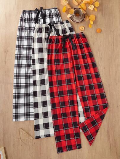 3pcs Women's Casual Plaid Print Pajama Cozy Pants With Bow Waist Decor Bow, Fall Winter Clothes