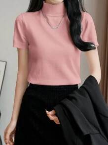 EMERY ROSE Women Solid Color Turtleneck Fitted Pullover Short Sleeve Knit Top, Autumn & Winter - Baby Pink - View 3