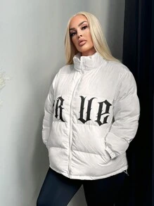 SHEIN SXY Plus Size Women Gothic Letter Print  Coat, Warm For Autumn/Winter - Beige - View 5