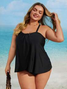 Swim Lushoire Plus Size Women Slip-Resistant Spaghetti Strap Camisole Tankini Summer - Black - View 1