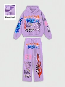 ROMWE MEN Street Life Moletom com Capuz e Calça Jogger Casual Masculina de Outono com Estampa de Letra e Chama, Cordão