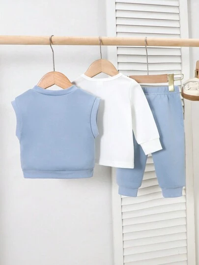 SHEIN Playful Pals 3 件套秋冬学院风纽约印花长袖上衣 + 印花纯色裤子套装，男婴服装