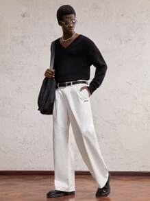 AKNOTIC Party 1 件装男士编织纯白色字母刺绣中腰直筒休闲宽松裤，适合日常穿着，适合男朋友