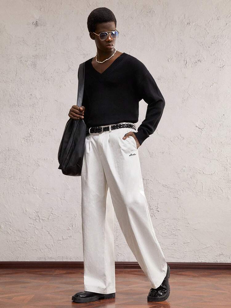1pc Men's Woven Plain White Letter Embroidered Mid-Waist Straight Leg Casual Baggy Pants, Suitable For Daily Wear, For Boyfriend