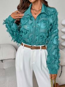 SHEIN Clasi Camisa de manga larga con vivos de peluche de unicolor, estilo vacaciones para mujer - Azul Cadete - Ver 3