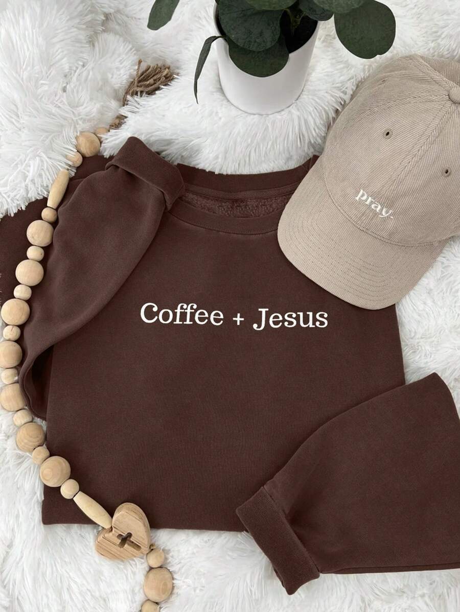 INAWLY 大码休闲字母印花保暖内衬卫衣，秋冬季毕业季、返校季、毕业典礼、教师节女装、返校季套头衫 - 巧克力棕 - 查看 1