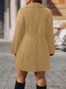 SHEIN LUNE 大码女式黑色翻领纽扣装饰腰部收紧中长款大衣，适合冬季女士 Coatswomans Coatswomen Coatwoman 外套 - 駝色 - 查看 2