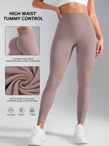 Gameset SHEIN Sport Leggings de yoga con pliegues en la cintura de unicolor para ejercicio diario y entrenamiento para mujeres - Caqui - Ver 2