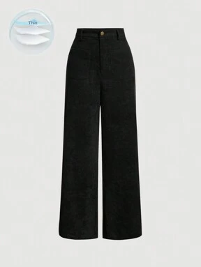 SHEIN MOD Solid Corduroy Straight Leg Black Mid Rise Pants