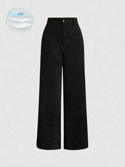 SHEIN MOD Solid Corduroy Straight Leg Black Mid Rise Pants