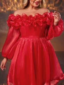 SHEIN Belle Elegant Bright Red Organza Ruffle Trim Off Shoulder Formal Dress, Plus Size, For Gala