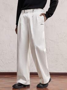 AKNOTIC Party 1 件装男士编织纯白色字母刺绣中腰直筒休闲宽松裤，适合日常穿着，适合男朋友