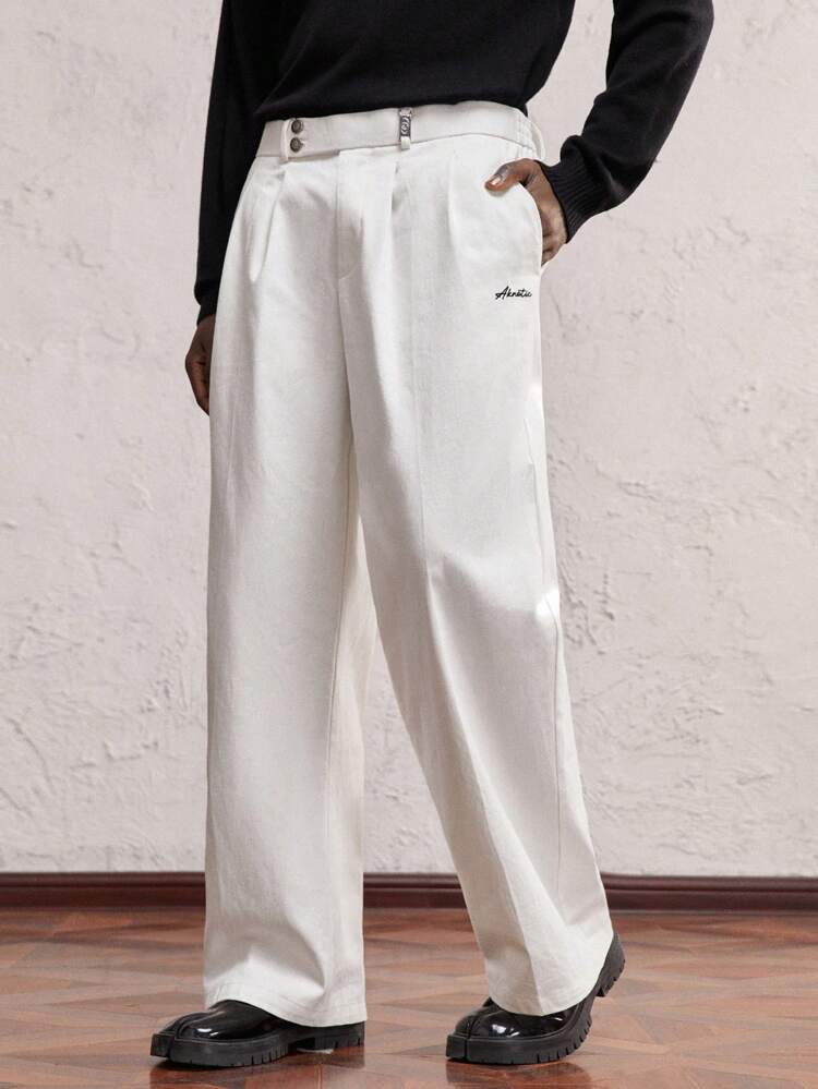 1pc Men's Woven Plain White Letter Embroidered Mid-Waist Straight Leg Casual Baggy Pants, Suitable For Daily Wear, For Boyfriend