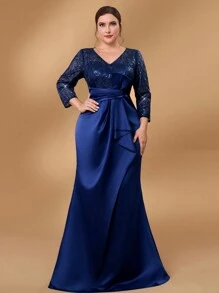 Serin Vestido elegante y lujoso de la madre de la novia para bodas, gala y banquetes, de material de satén elástico con bordado de malla con lentejuelas azul marino, escote en V profundo, recogido y con volantes en la Bottom - Azul Marino - Ver 2