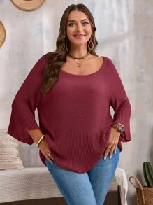 EMERY ROSE Plus Size Solid Color Crew Neck Batwing Sleeve Casual Sweater, Winter Clothes For Women, New Years Women - Burgundy - View 3