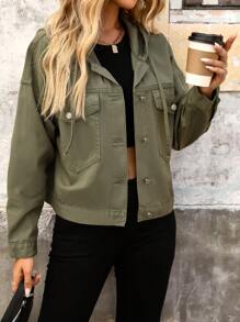 SHEIN Tall Women's Casual Front Button Hooded Washed Denim Jacket, Suitable For Autumn - Army Green - View 5