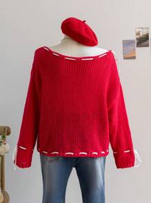 Soleia Vacation Plus Size Women's Casual PLUS White Apricot&Pink Contrast Asymmetric Shoulder Warm Soft Pullover Sweater - Red - View 2