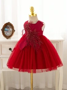 Glamorique Kids Elegant Dark Red Wedding Flower Girl Birthday Gown For Girls,Summer Embroidered Lace High-End GownLarge Swing Dress For Party And Family Gathering - Green - View 4