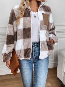 SHEIN LUNE Stand Collar Zipper Front Pocket Plaid Double-Faced Wool Jacket, Casual And Elegant Outerwear Suitable For Outdoor And Home, Warm For Women In Autumn And Winter